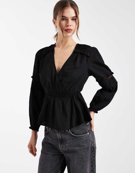 Wednesday's Girl – Svart, långärmad, texturerad topp med v-halsringning och peplum-modell - view 1
