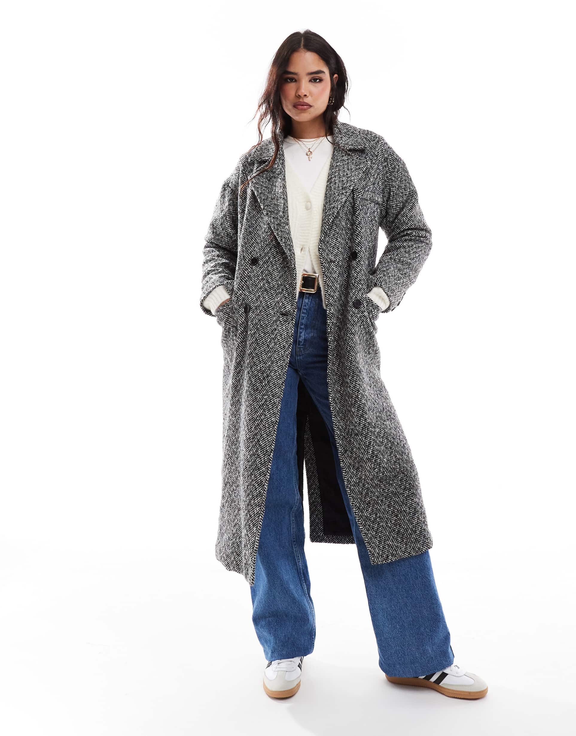 wednesday's girl tailored oversized herringbone coat in charcoal gray