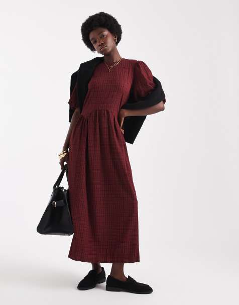 Wednesday's Girl textured checked puff sleeve midaxi dress in red - view 1