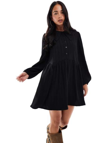 Wednesday's Girl textured collar detail mini smock dress in black - view 1