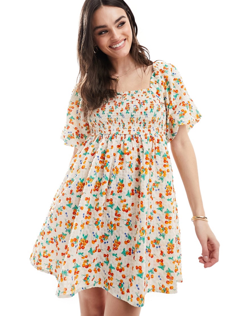Wednesday's Girl textured floral print shirred mini smock dress in multi