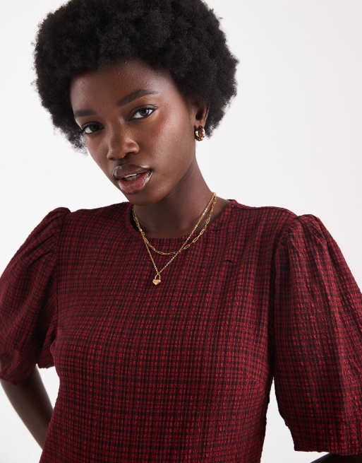 red plaid puff sleeve dress Women's Always You Cotton Red Plaid Puff Sleeve Midi Dress | Size: Xl