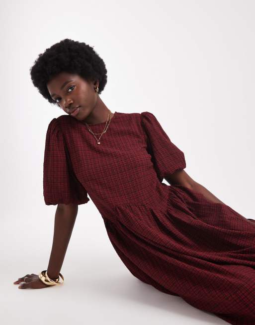 red plaid puff sleeve dress PLAID V NECK PUFF SLEEVE MINI DRESS