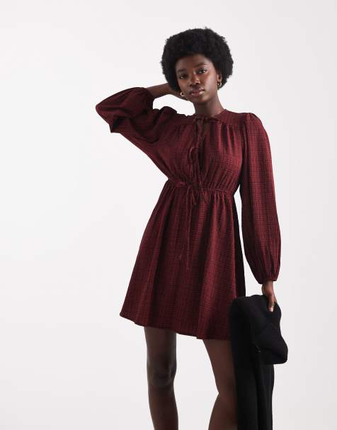 Wednesday's Girl textured plaid tie detail mini dress in red - view 1