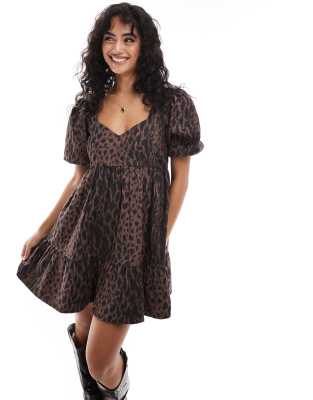 Wednesday’s Girl textured puff sleeve leopard smock mini dress in brown