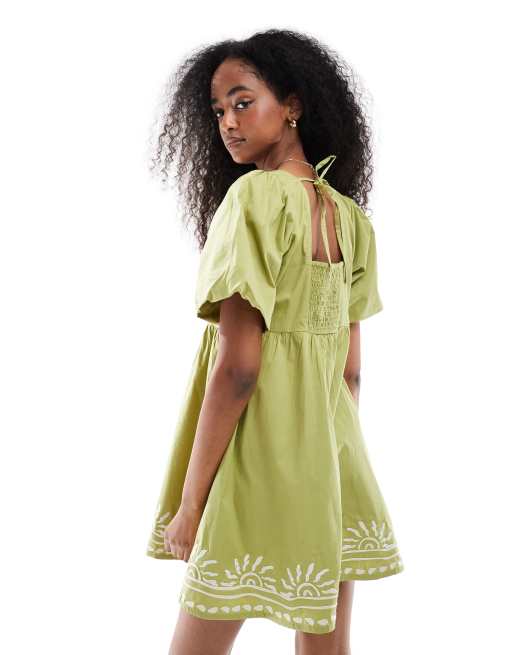 Wednesday's Girl textured puff sleeve mini smock dress in green | ASOS