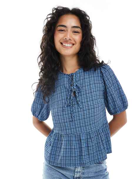 Wednesday's Girl textured tie-detail short sleeve check blouse in blue - view 1