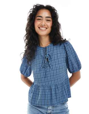 Wednesday's Girl Textured Tie Detail Short Sleeve Plaid Blouse In Blue
