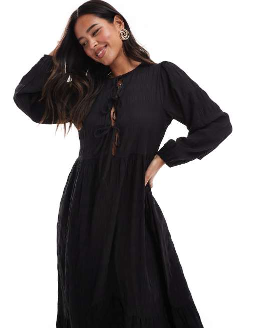 Wednesday's Girl textured tie-detail smock midaxi dress in