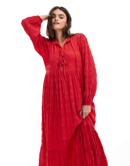 open lace back dress Luna Red Long Sleeve Smocked Dress main image 0