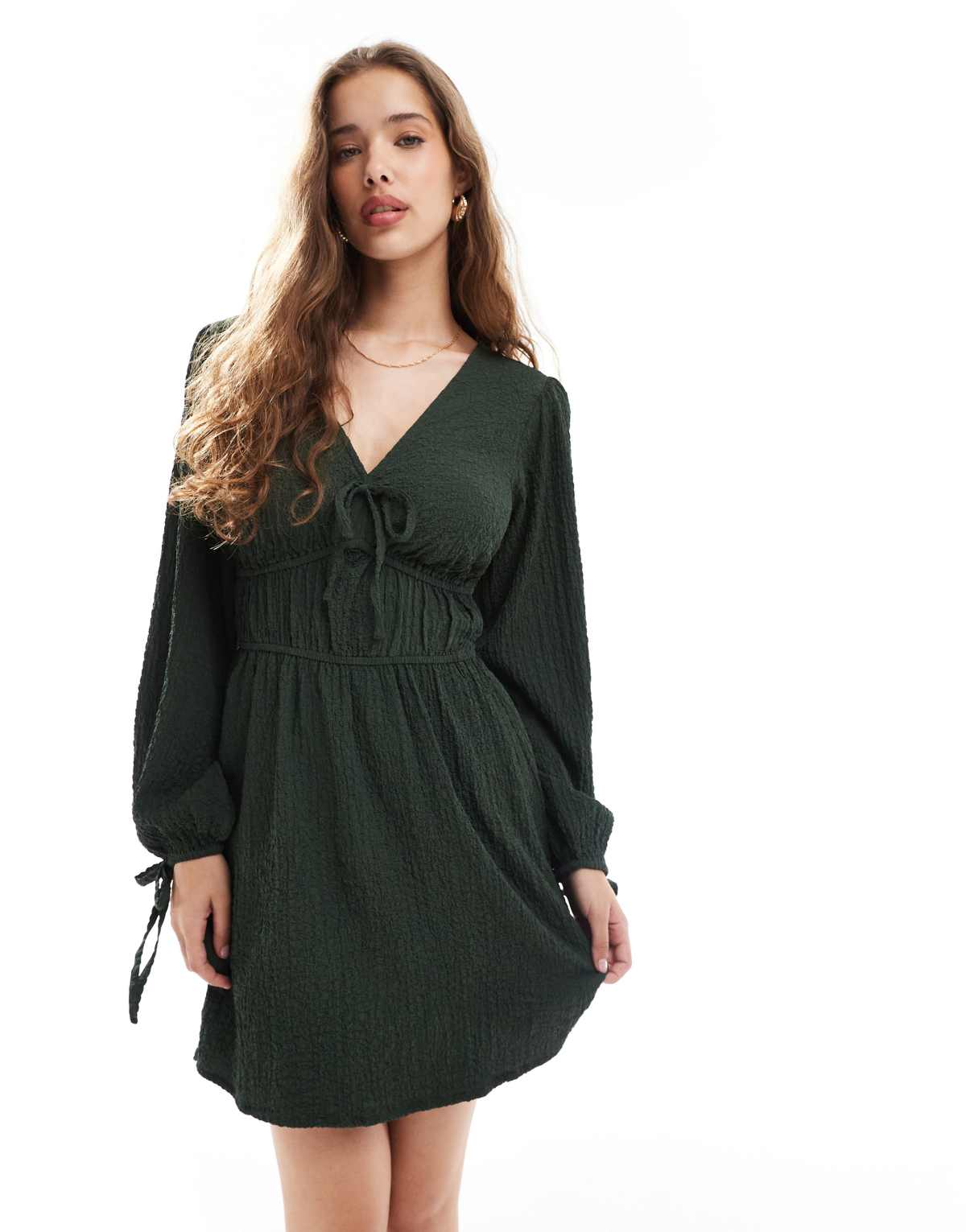 Wednesday's Girl textured tie-sleeve mini dress in forest green