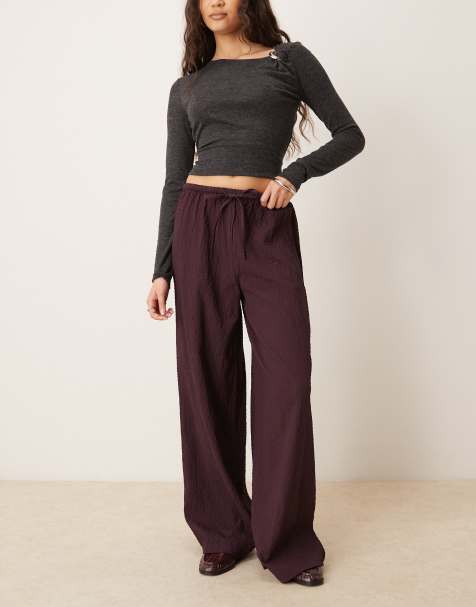 Wednesday's Girl textured wide leg tie up trouser in plum - view 1