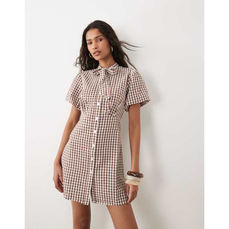Wednesdays Girl tie collar detailed puff sleeve button mini dress