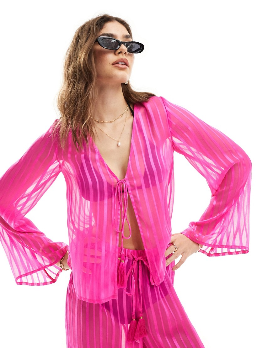 Wednesday’s Girl tie-detail beach blouse co-ord in bright pink