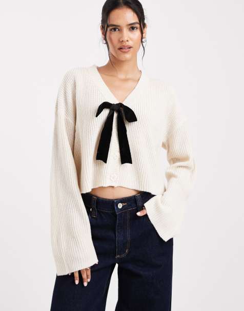 Wednesdays Girl tie detail cardigan in cream - view 1