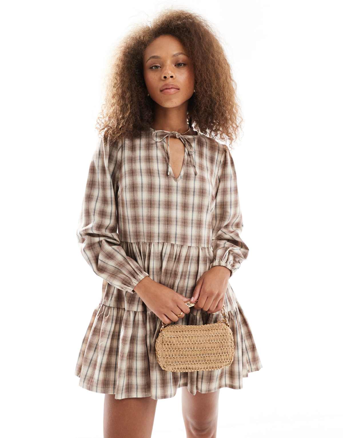 Wednesday's Girl tie-detail check mini smock dress in beige