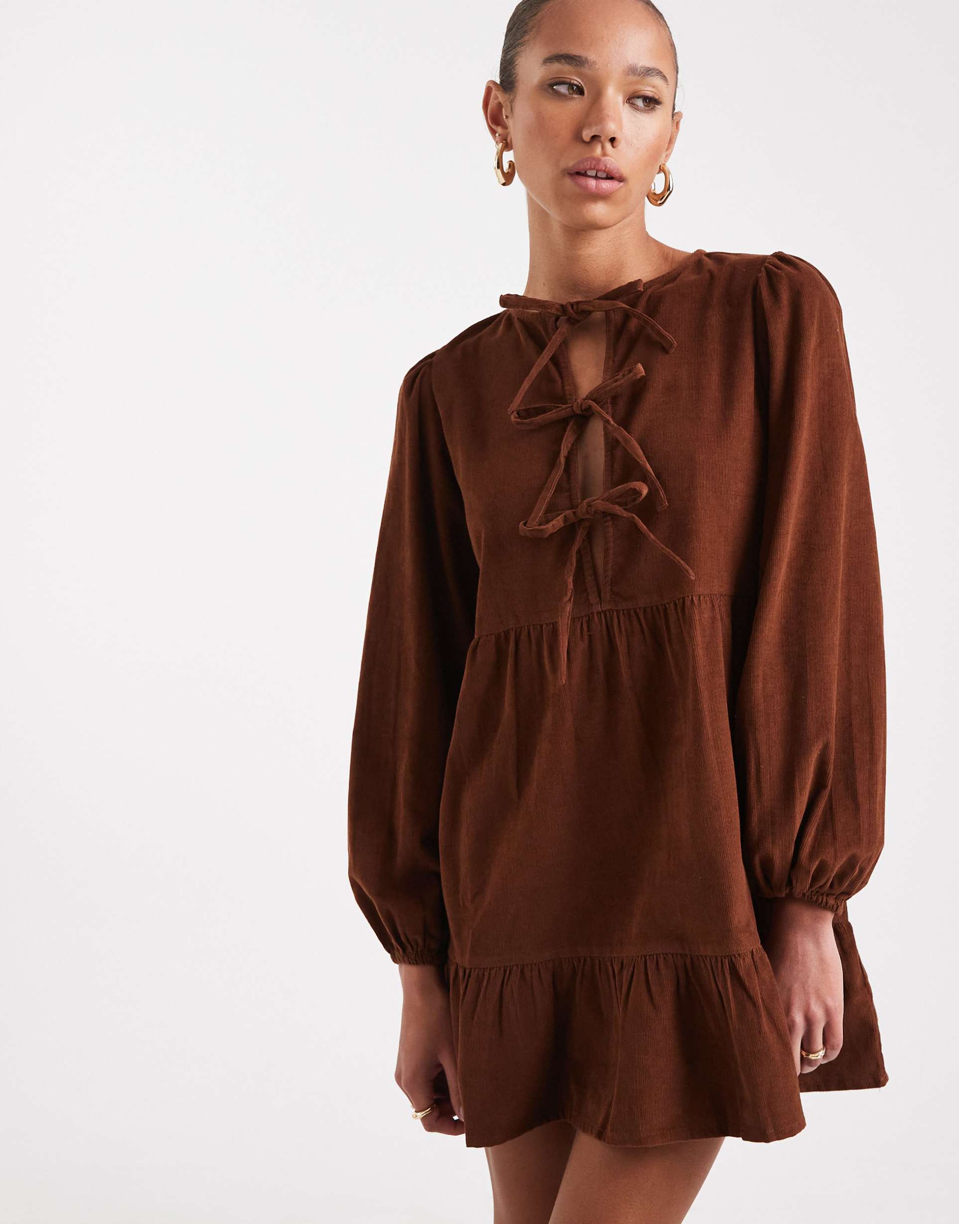 wednesday's girl tie detail cord mini smock dress in tan