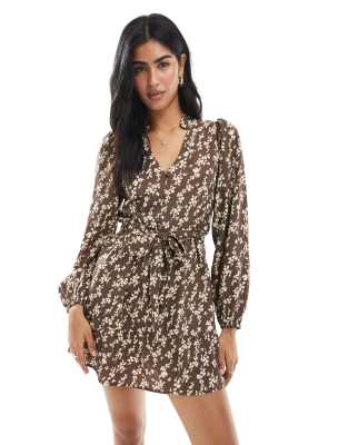 tie detail floral print belted mini dress in brown