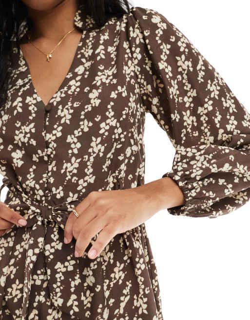 Wednesday's Girl tie detail floral print belted mini dress in brown