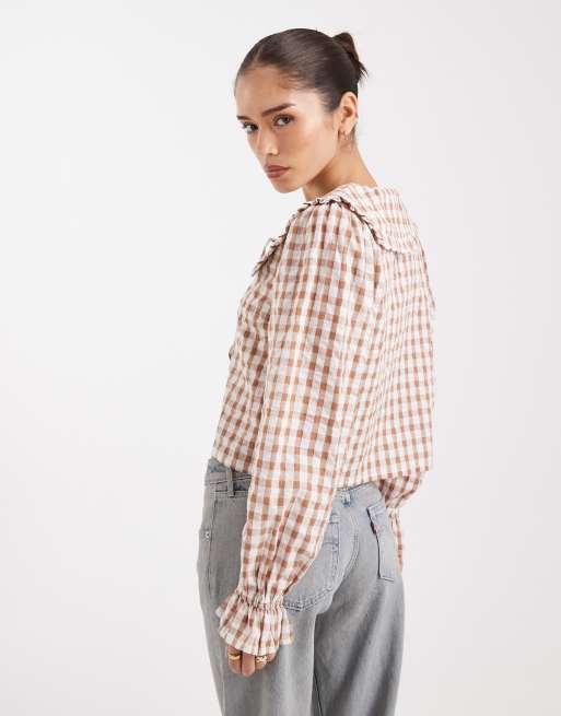 Wednesday's Girl tie detail gingham blouse in rust, 2 of 4