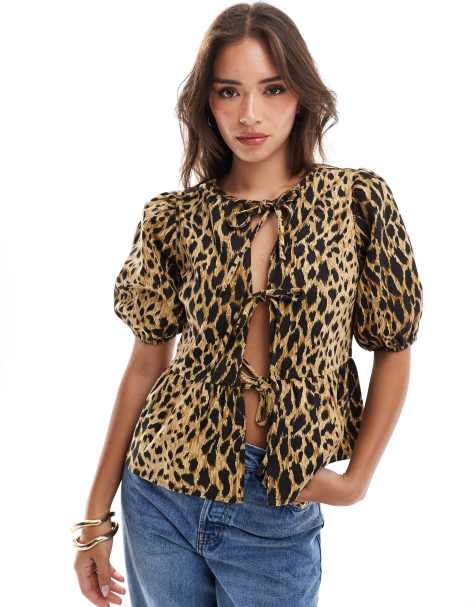 Wednesday's Girl tie detail leopard print twill blouse in tan - view 1