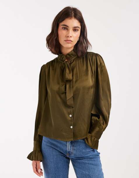 Wednesday's Girl tie detail long sleeve floaty blouse in moss green - view 1