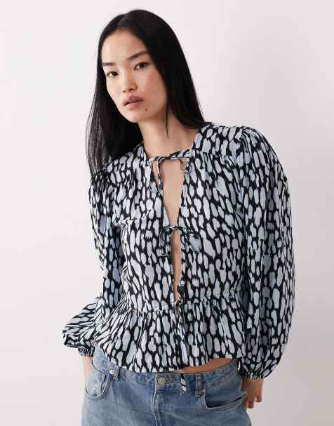Wednesday's Girl tie detail long sleeve smudge spot blouse in blue - view 1