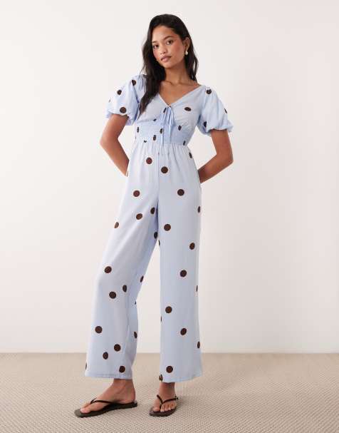 Wednesdays Girl tie detail playsuit in blue brown polka dot - view 1