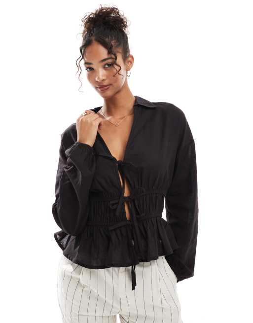Wednesday's Girl tie detail puff sleeve linen dress in black