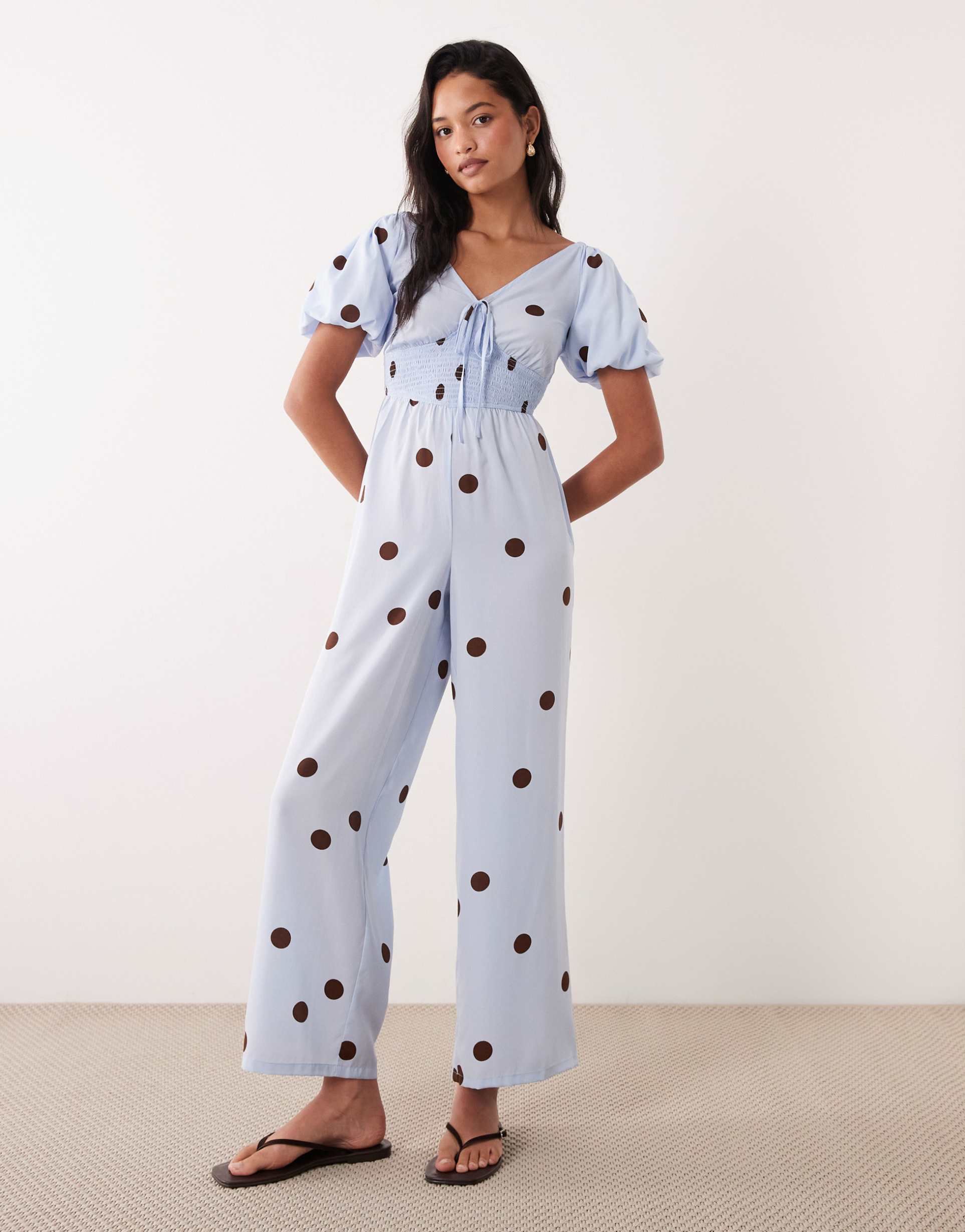 wednesdays girl tie detail romper in blue with brown polka dot