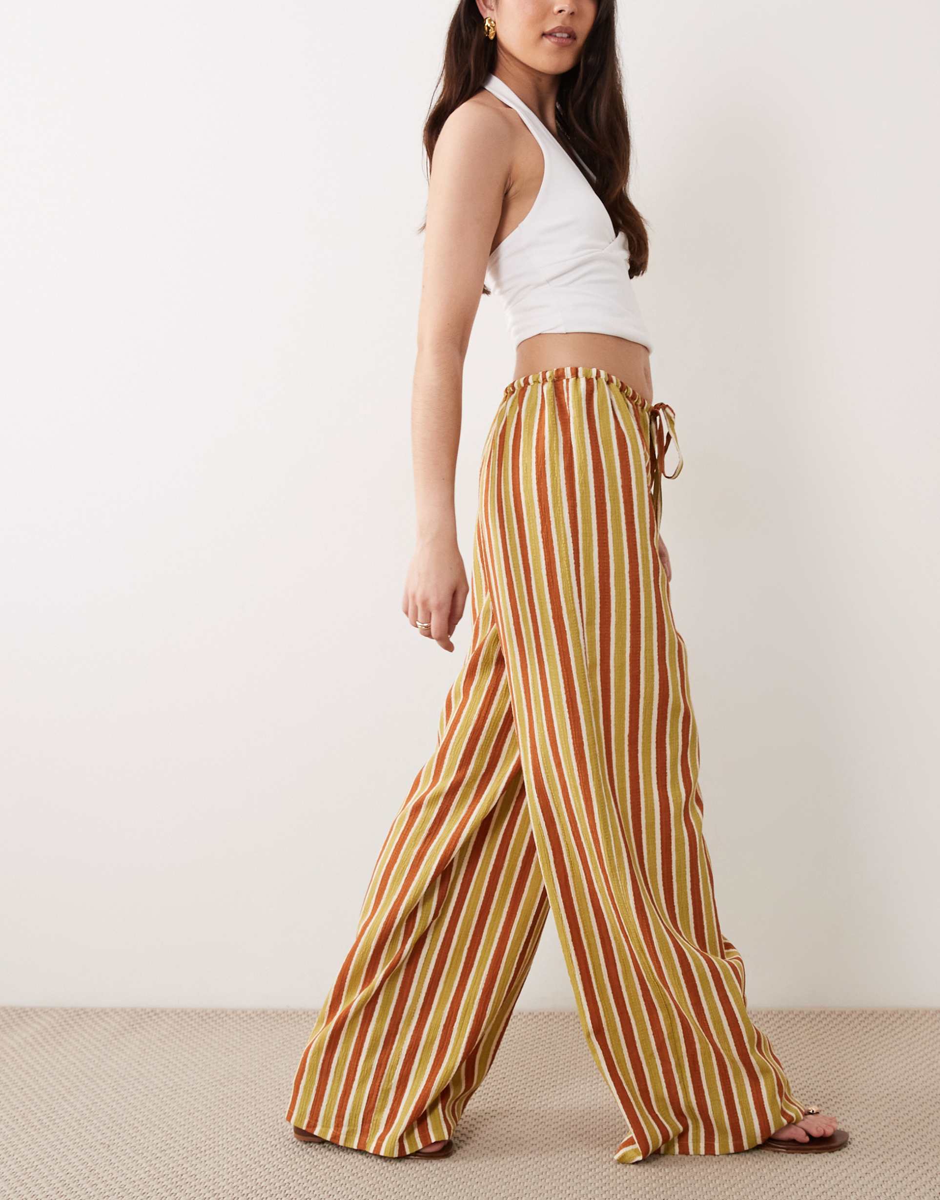 wednesday's girl tie detail wide leg pants in green brown stripes