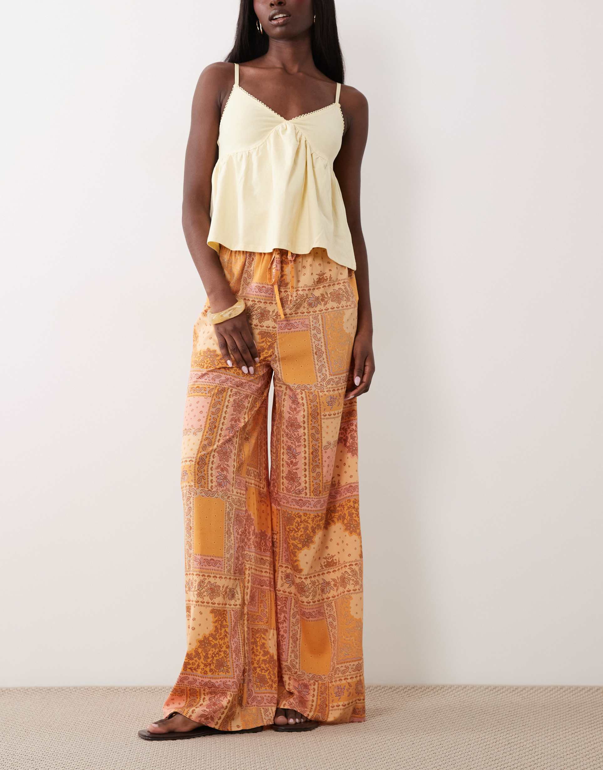wednesday's girl tie detail wide leg pants in orange abstract paisley print