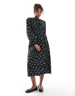 tie-front detailing floral plisse midi dress in black