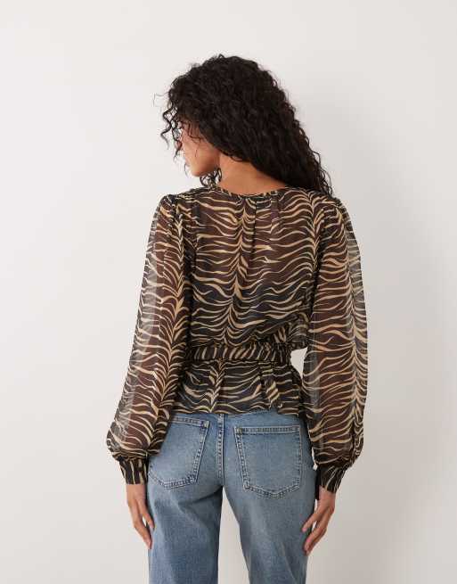 Wednesday's Girl tie front floaty blouse in zebra print, 3 of 4