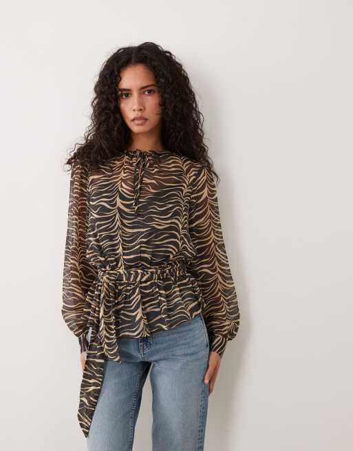 Wednesday's Girl tie front floaty blouse in zebra print, 4 of 4