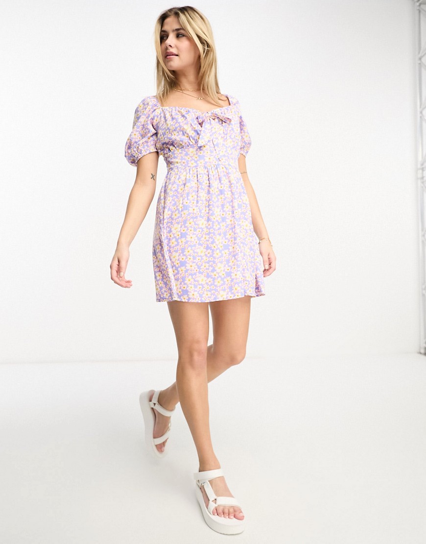 Wednesday’s Girl tie front mini tea dress in purple floral