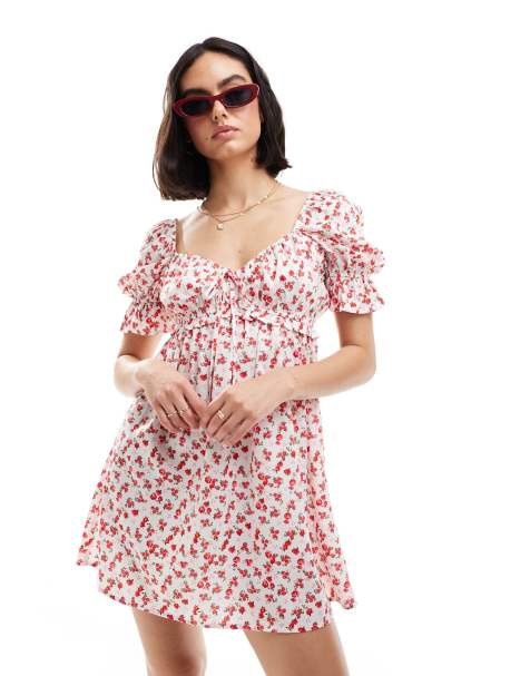 Wednesday's Girl tie front puff sleeve mini dress in white red floral - view 1