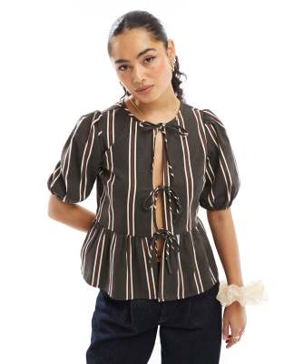 tie front striped blouse in brown