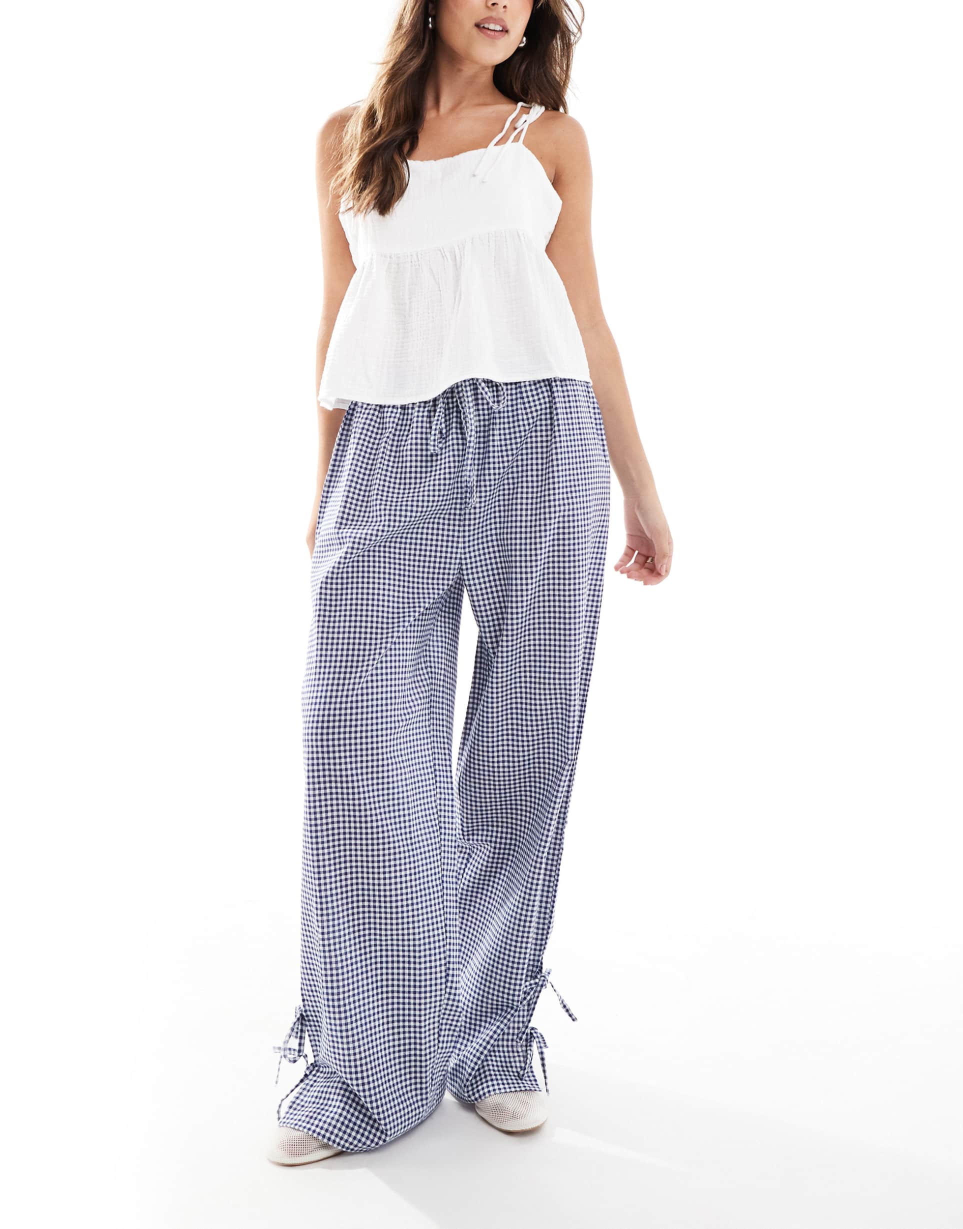 wednesday's girl tie sides gingham pants in navy blue