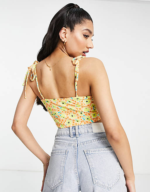 Wednesday's Girl tie strap ruched bust cami crop top in spring floral