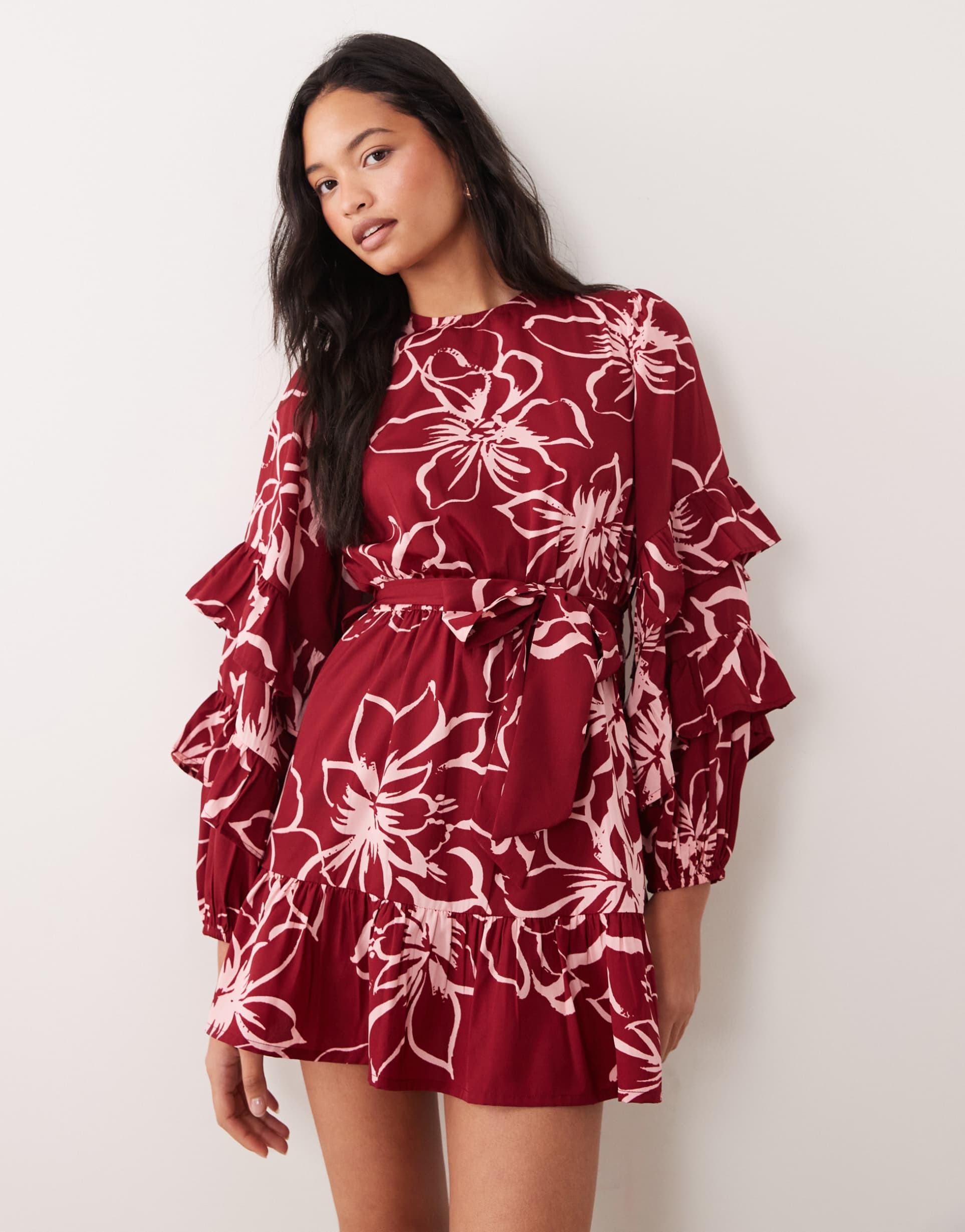 wednesday's girl tie waist long sleeve mini dress in fig floral print