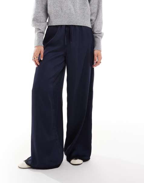 Wednesday's Girl tie waist satin wide leg laced trousers in navy