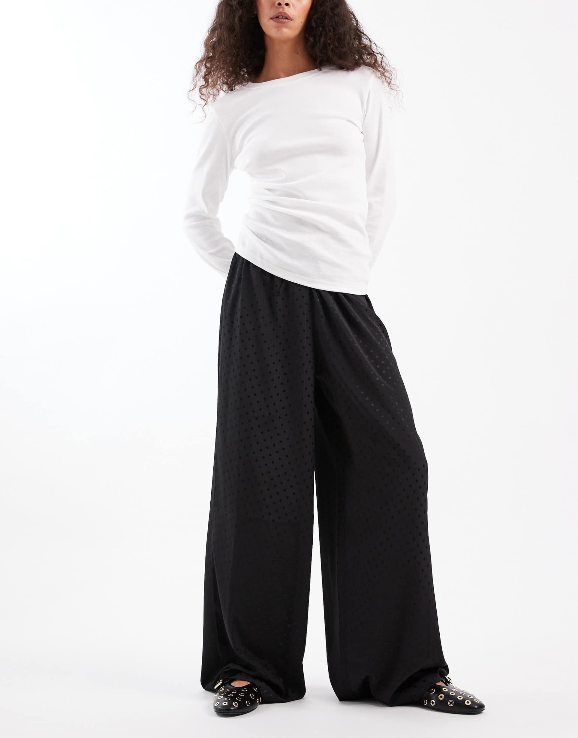 wednesday's girl tie waist satin wide leg pants spot jacquard in black