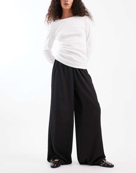 Wednesday's Girl tie waist satin wide leg trousers spot jacquard in black