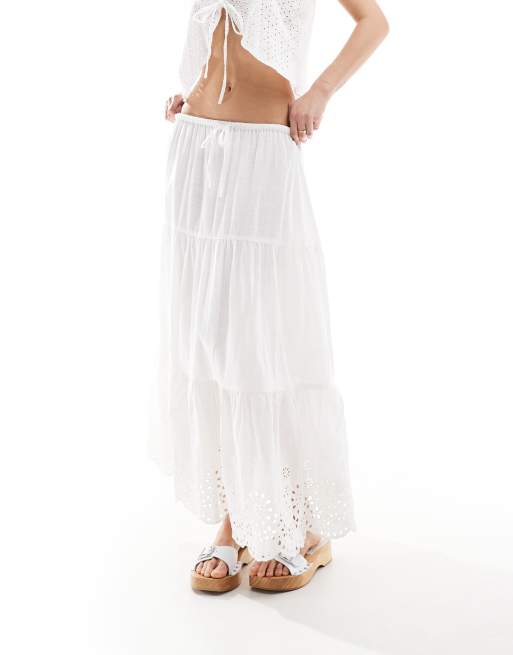 Wednesday's Girl tiered broderie detail midaxi skirt in cream