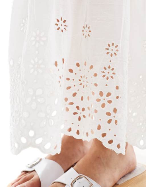 Wednesday's Girl tiered broderie detail midaxi skirt in cream