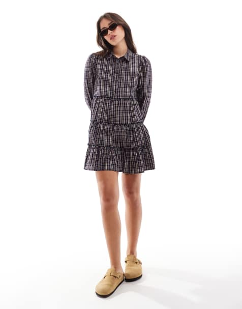 Wednesday's Girl tiered check print smock dress in multi navy - view 1