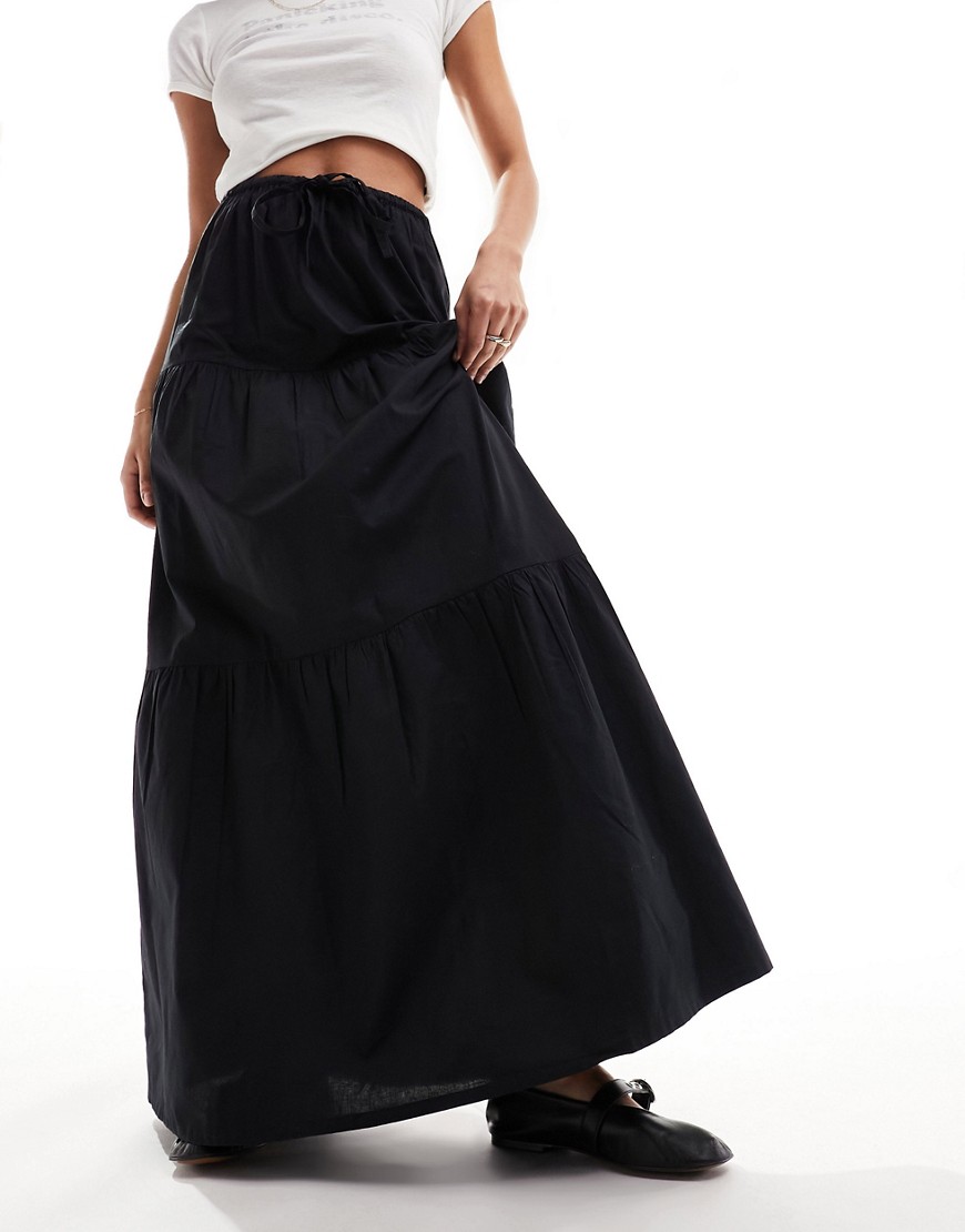 Wednesday's Girl tiered cotton boho maxi skirt in black