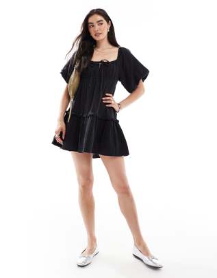 Wednesday's Girl tiered frill detail mini dress in black