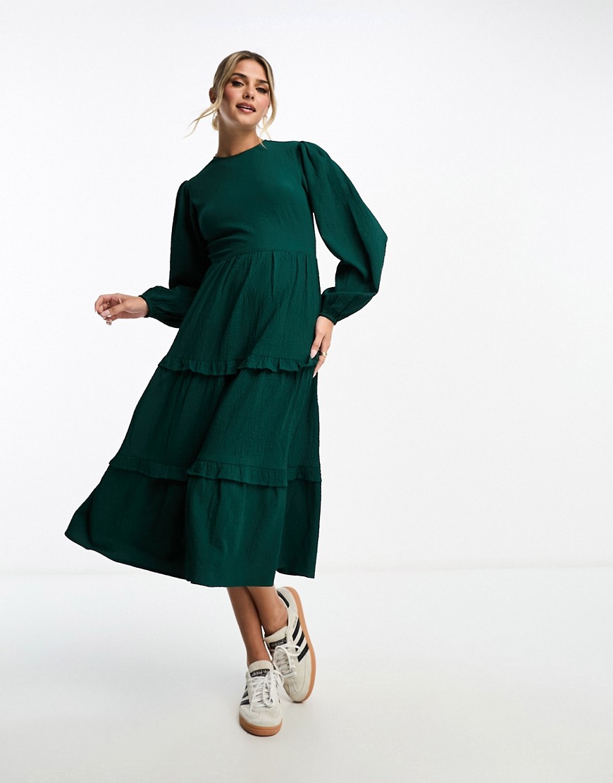 Wednesday’s Girl tiered midi smock dress in textured forest green